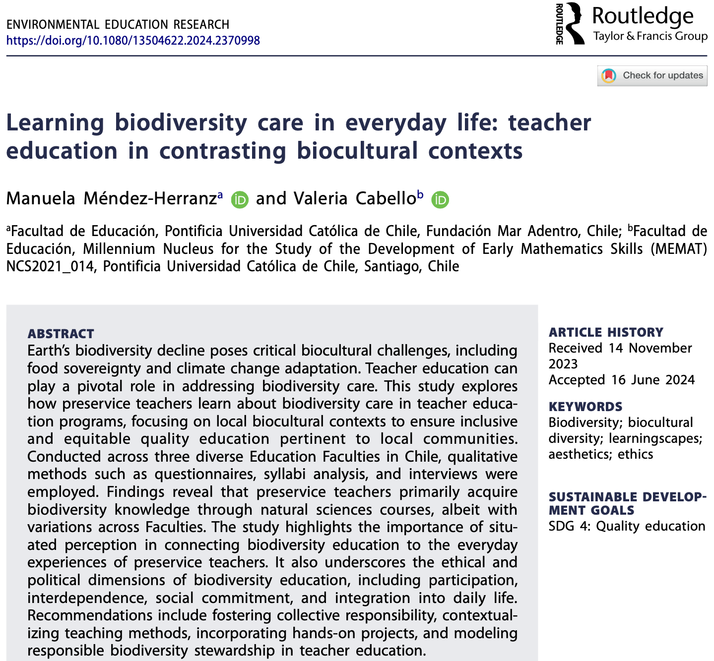 Learning biodiversity care in everyday life: Teacher education in contrasting biocultural 
contexts 